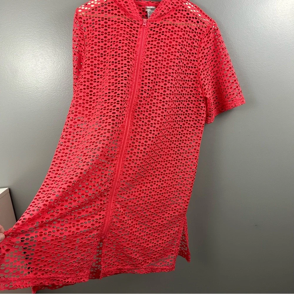 Cover Me Swim Hooded Mesh Zip Up Pink Swim Cover Size Medium - Picture 5 of 9